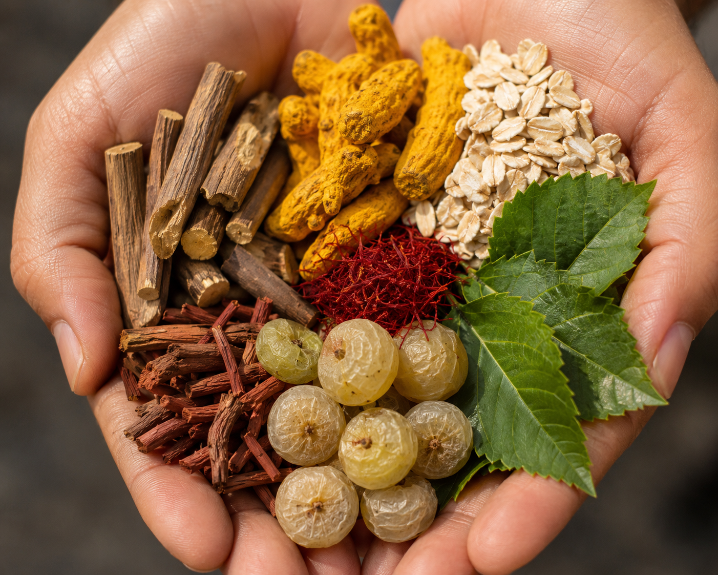 Natural herbs and ingredients — turmeric, neem, amla, saffron